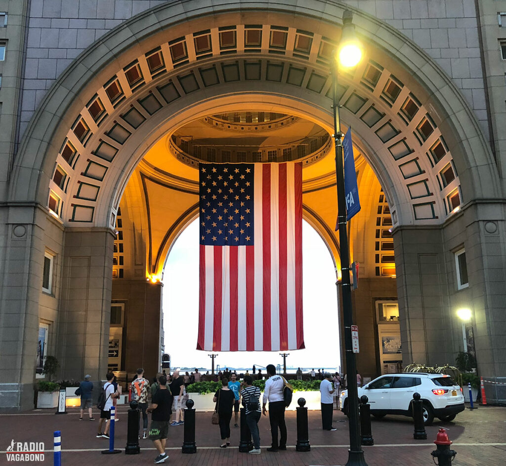 Gateway to Boston Harbor is marked by a huge flag